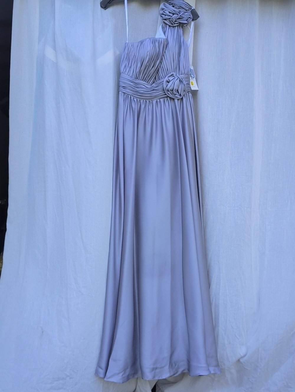 One-Shoulder Silver Formal Gown with Rosette Detail